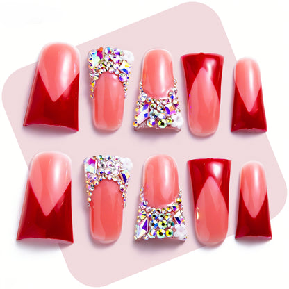 Ruby V French  Nude & Red Long Duck Press-Ons with Iridescent Rhinestone Accents