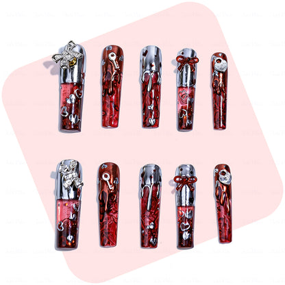 Lava Heart  Red & Silver Long Square Water Press-Ons with Metal Lava & Lock & Key Charms