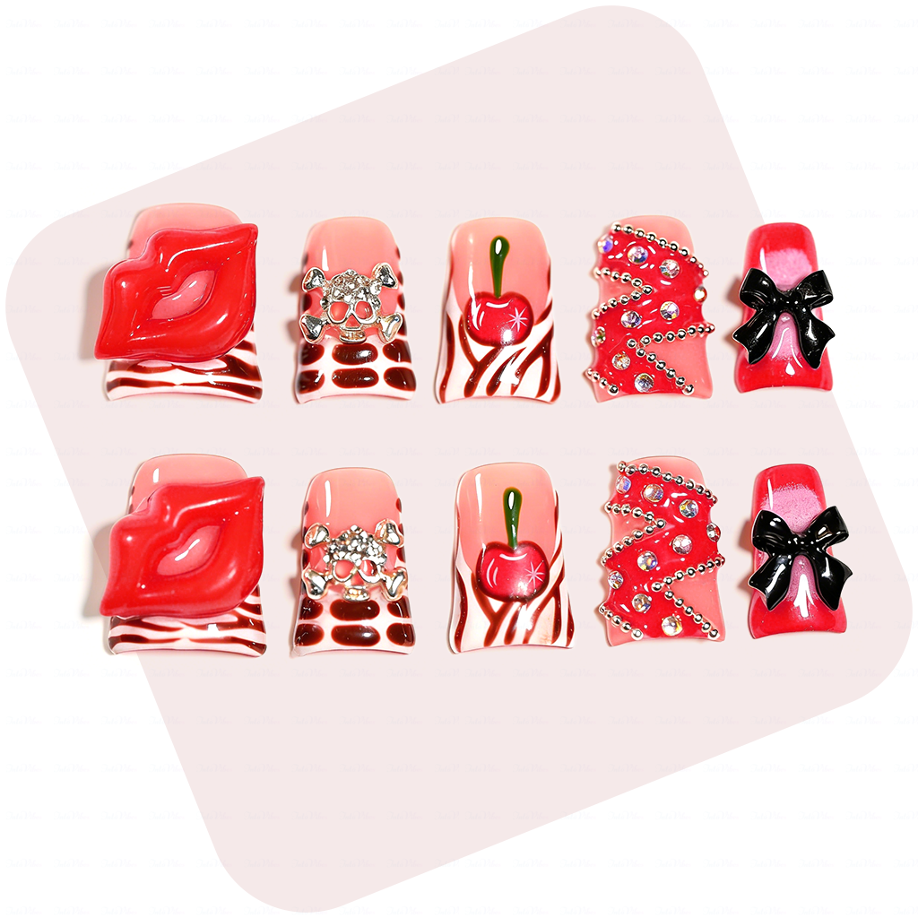 Cherry Kiss – Short Duck Press-Ons with 3D Lip & Cherry Accents