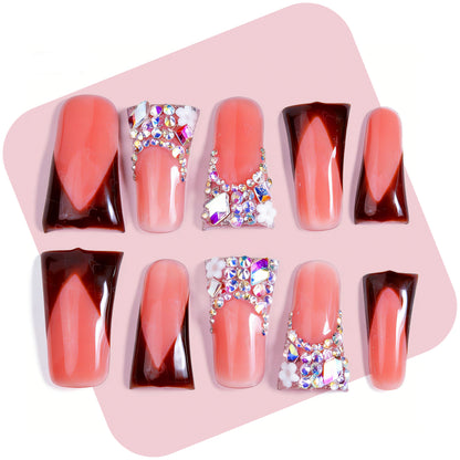 Chocolate V French – Nude & Brown Long Duck Press-Ons with Iridescent Rhinestone Accents