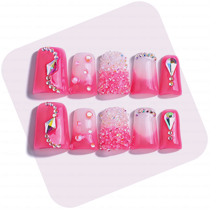 Bubblegum Bling-Hot Pink Short Duck Press-Ons with Ombre Sugar Rhinestone & Crystal Accents