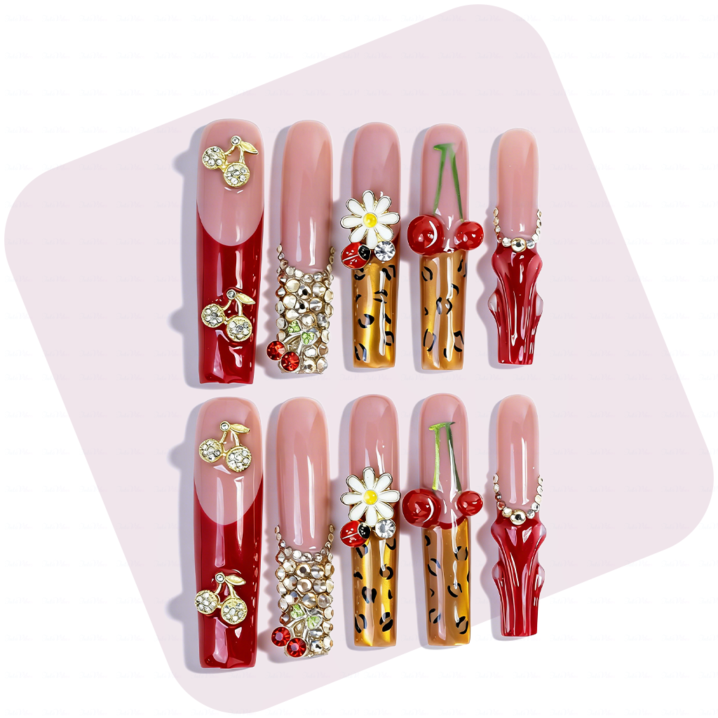 Cherry Leopard-Red & Nude Long Square Press-Ons with 3D Cherry & Leopard Print Accents