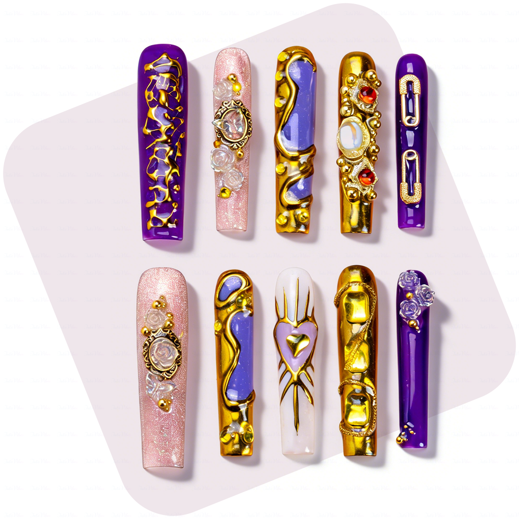 Royal Opulence – Purple & Gold Long Square Press-Ons with 3D Baroque Charms