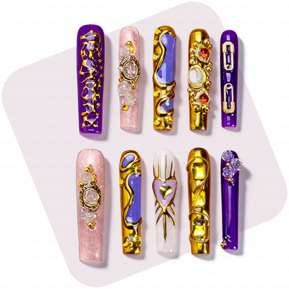 Royal Opulence – Purple & Gold Long Square Press-Ons with 3D Baroque Charms