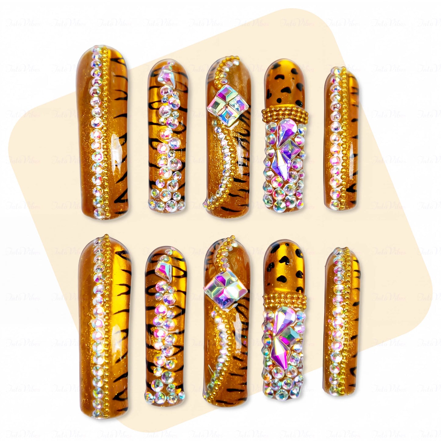 Tiger Glitz-Caramel Brown Long Downward Curved Press-Ons with Tiger Print & Rhinestone Accents
