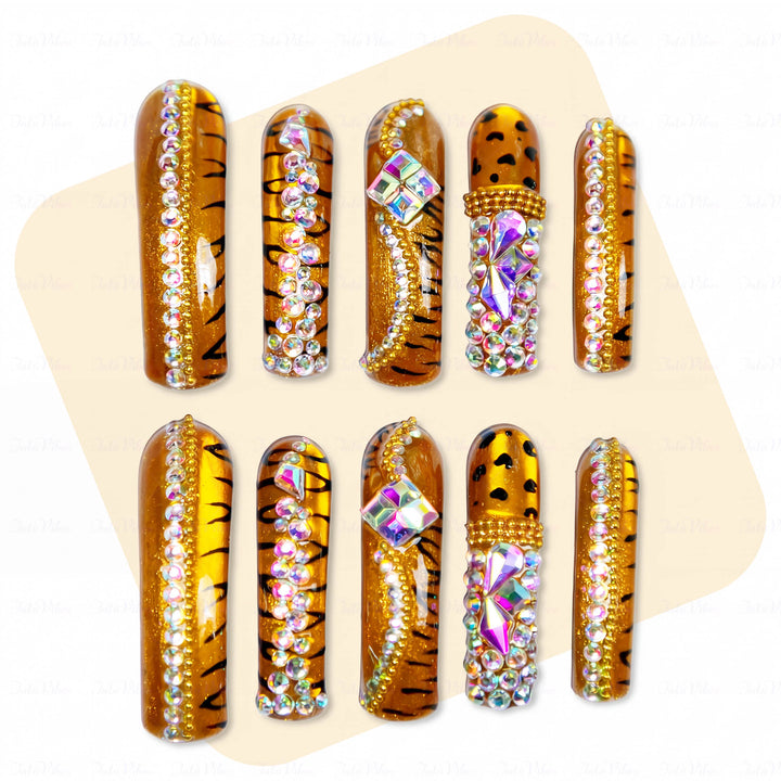 Tiger Glitz-Caramel Brown Long Downward Curved Press-Ons with Tiger Print & Rhinestone Accents