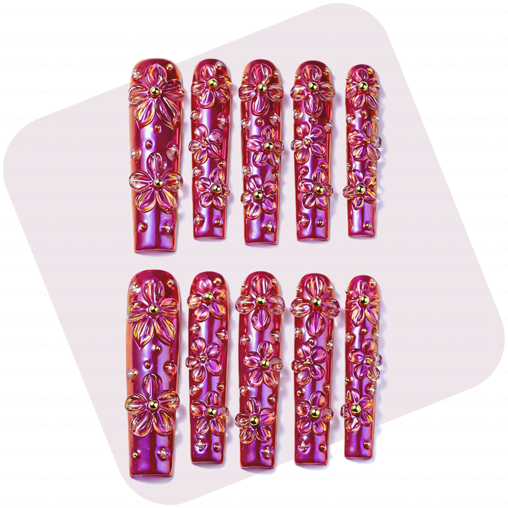 Bloom Aurora – Iridescent Purple Long Square Press-Ons with 3D Floral Charms