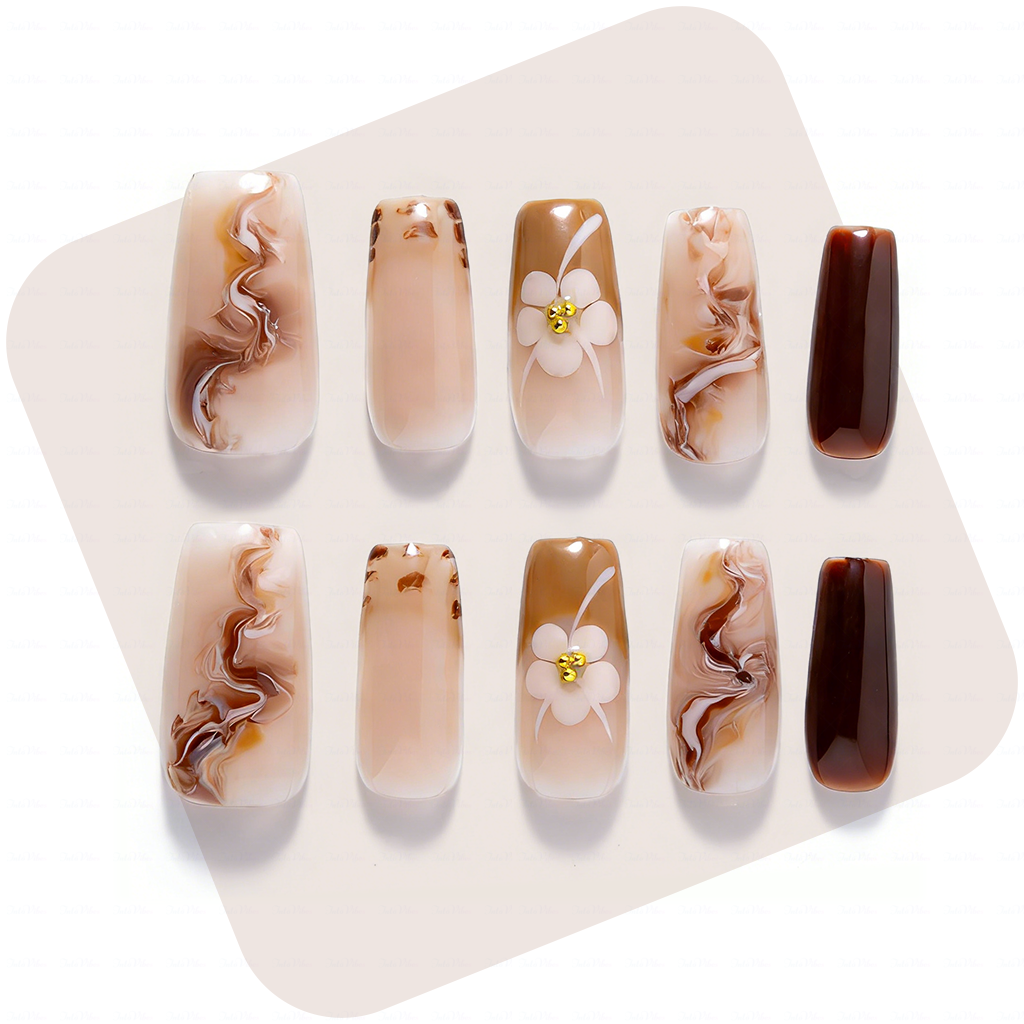 Latte Swirl – Nude Brown Medium Square Press-Ons with Marble Swirl & 3D Floral Accents