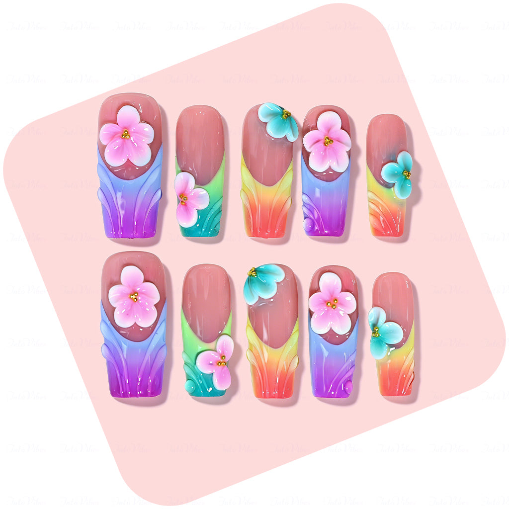 Rainbow Fairy Floral – Nude & Rainbow Medium Square Press-Ons with 3D Flower Charms