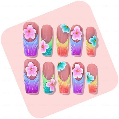 Rainbow Fairy Floral – Nude & Rainbow Medium Square Press-Ons with 3D Flower Charms