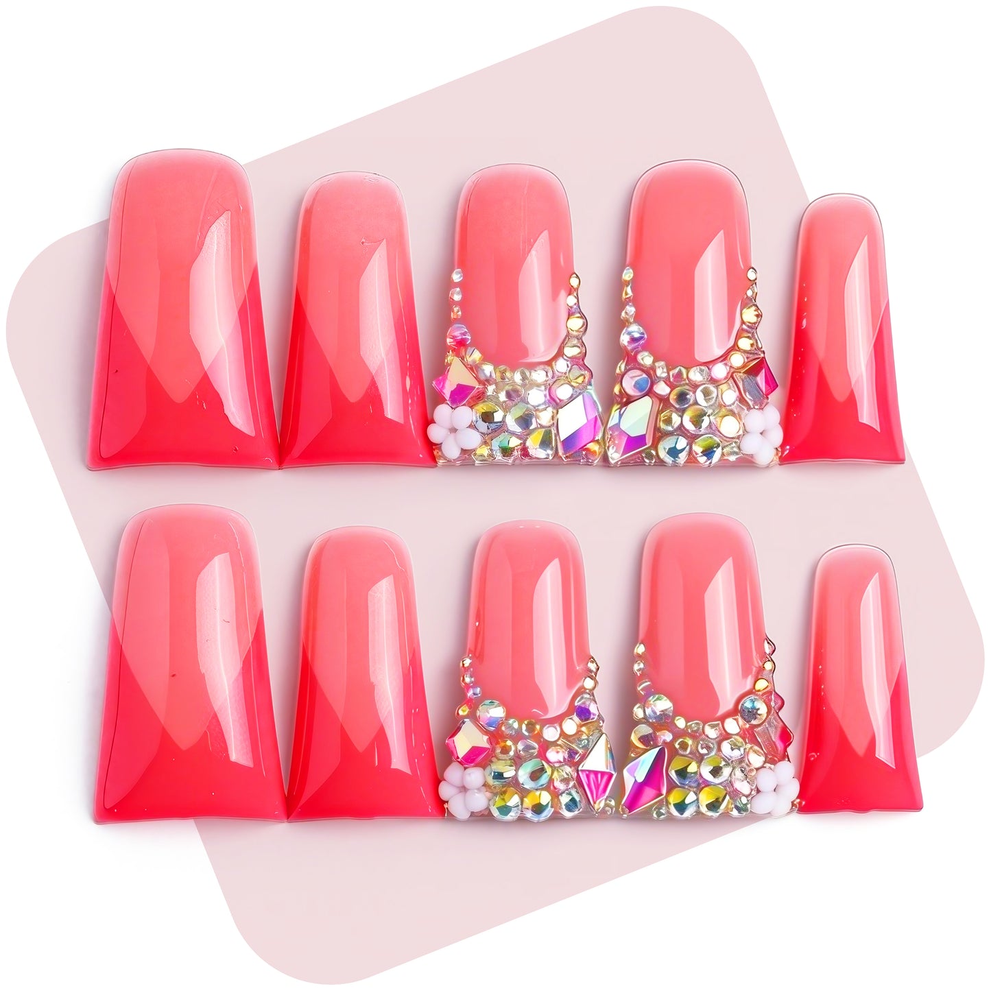 Coral Ombre Bling  Pink & Red Long Duck Press-Ons with Iridescent Rhinestone Accents