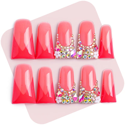 Coral Ombre Bling  Pink & Red Long Duck Press-Ons with Iridescent Rhinestone Accents