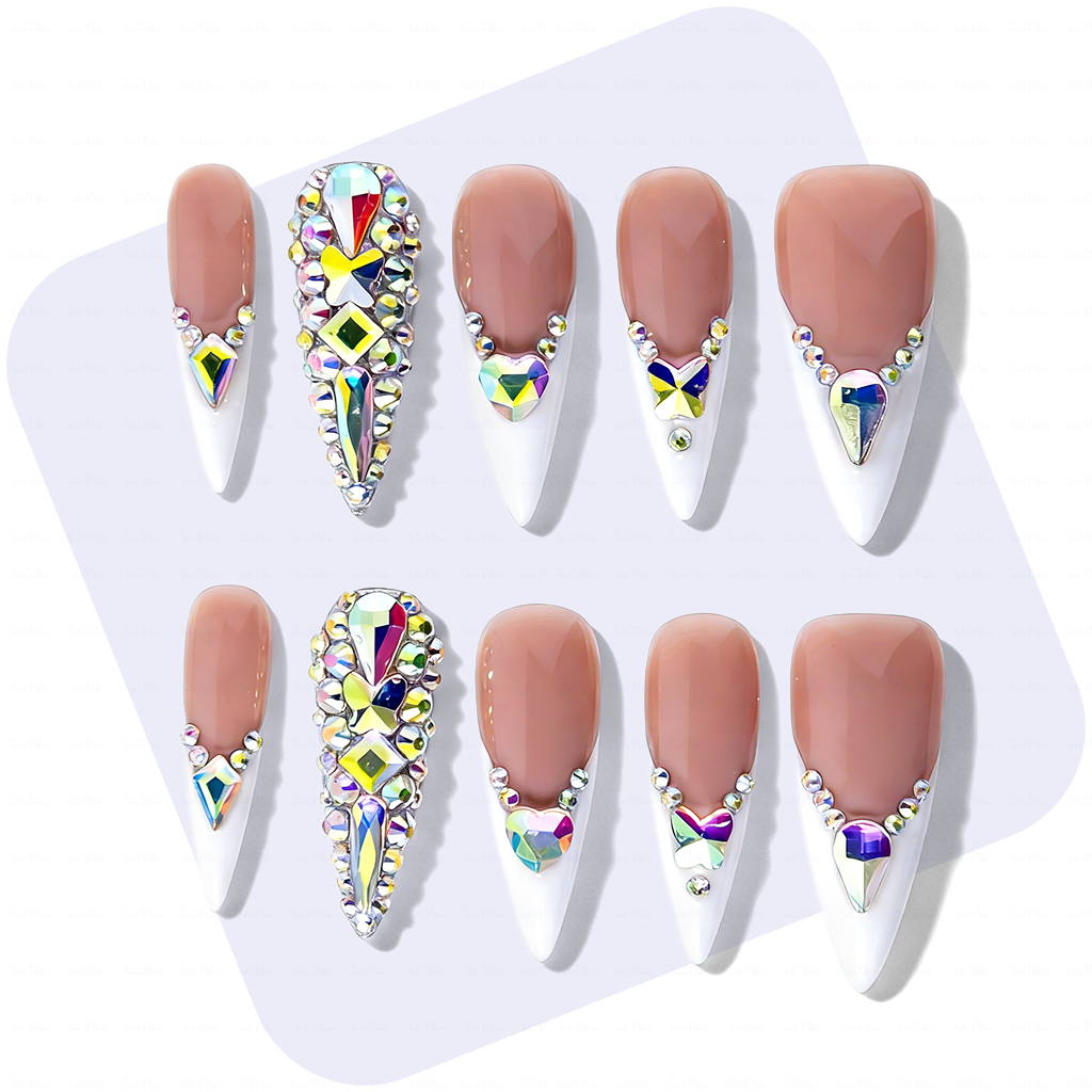 French Glitz – Nude & White Long Almond Press-Ons with French Tips & Iridescent Rhinestone Accents