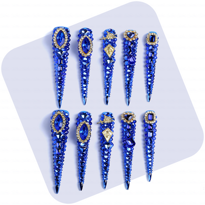 Sapphire Bling-Royal Blue Extra Long Stiletto Press-Ons with Full Rhinestone Encrusted Design