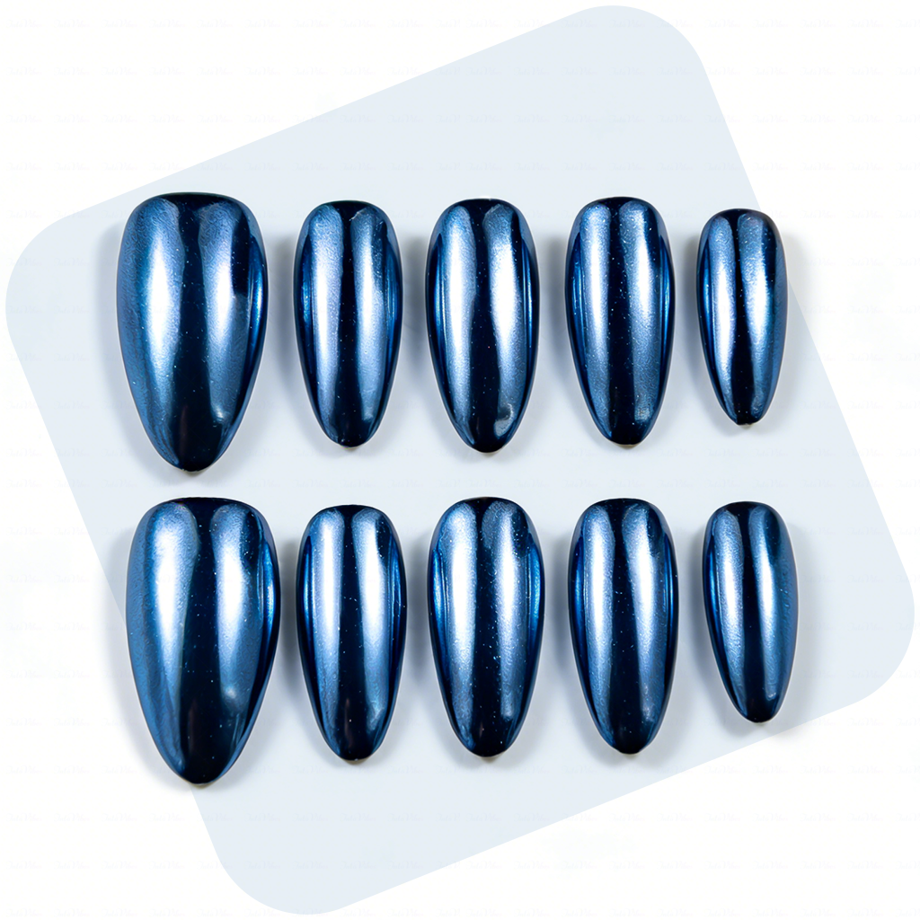 Navy Chrome – Deep Blue Metallic Medium Almond Press-Ons with Mirror Gloss Finish