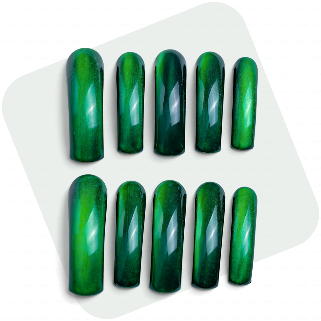 Emerald Glow – Emerald Green Long Downward Curved Press-Ons with Magnetic Light-Shifting Cat Eye Finish