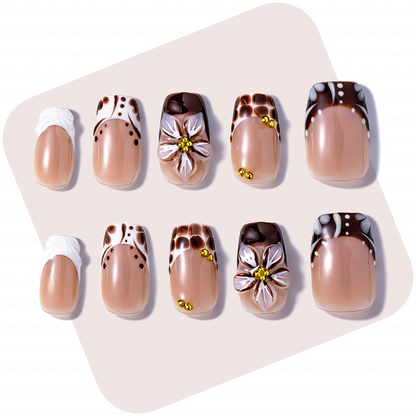 Cocoa Bloom – Nude Brown Short Square Press-Ons with Leopard Print & 3D Floral Accents