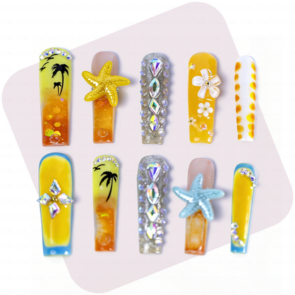 Sunset Beach-Orange & Yellow Long Square Water Press-Ons with 3D Starfish & Palm Tree Accents