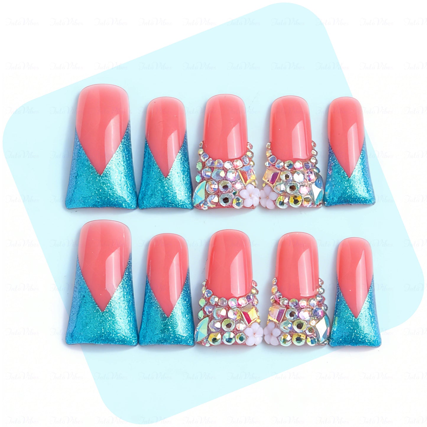 Mermaid V French-Nude & Turquoise Short Duck Press-Ons with V-Tip & Iridescent Rhinestone Accents