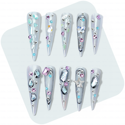 Aurora Crystal – Iridescent Mint Stiletto Press-Ons with Mixed Rhinestone Accents