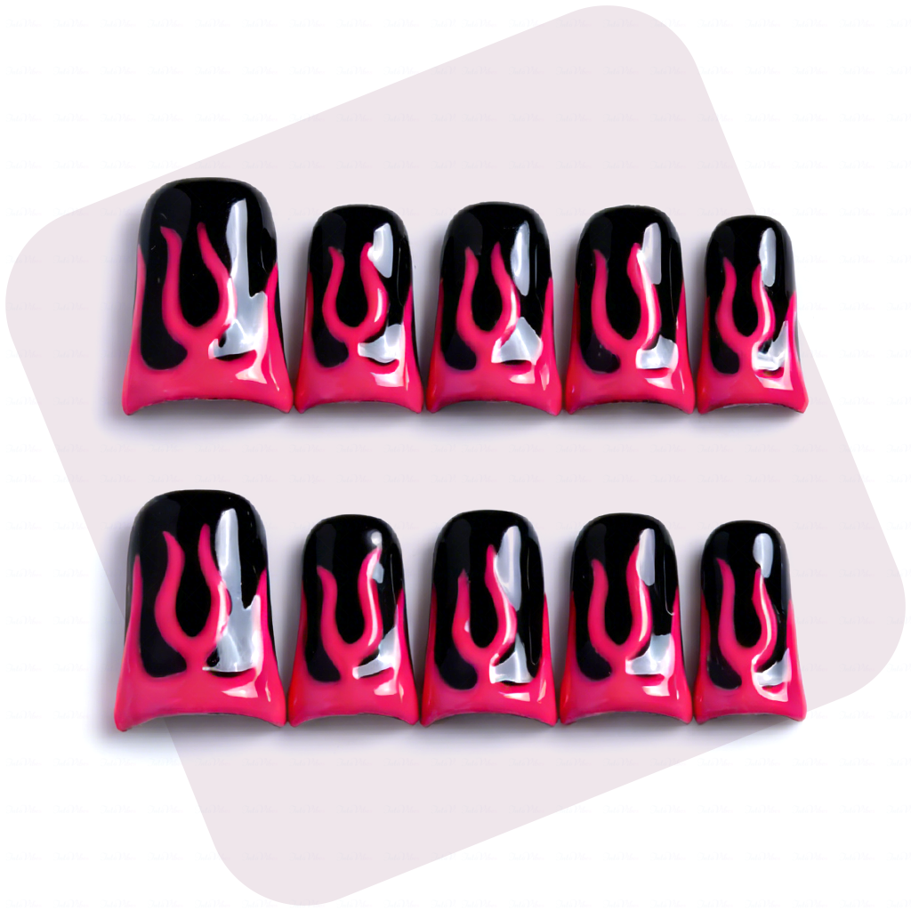 Blaze Pop – Hot Pink & Black Short Duck Press-Ons with Flame Graphics