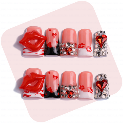 Lipstick Babe-Nude & Red Short Duck Press-Ons with 3D Lip & Heart Gem Accents