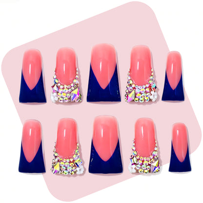 Royal V French  Nude & Navy Blue Long Duck Press-Ons with Iridescent Rhinestone Accents
