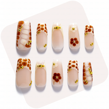 Caramel Spot – Nude Brown Short Square Press-Ons with Leopard Print & Gold Bead Accents