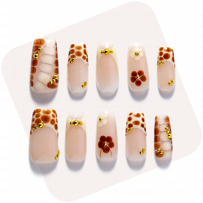 Caramel Spot – Nude Brown Short Square Press-Ons with Leopard Print & Gold Bead Accents