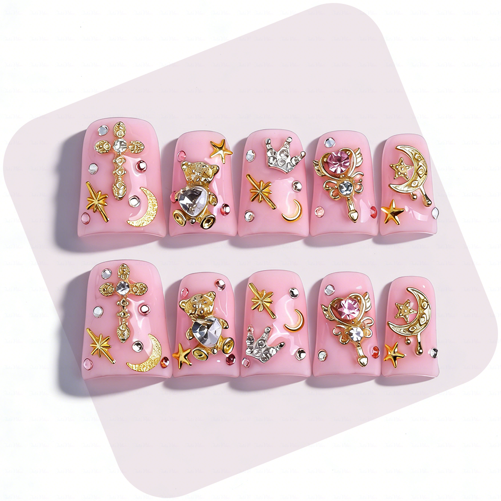 Magic Babe-Baby Pink Short Duck Press-Ons with 3D Bear & Magic Wand Charms