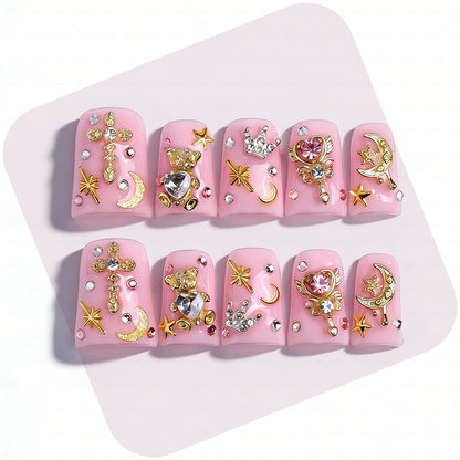 Magic Babe-Baby Pink Short Duck Press-Ons with 3D Bear & Magic Wand Charms