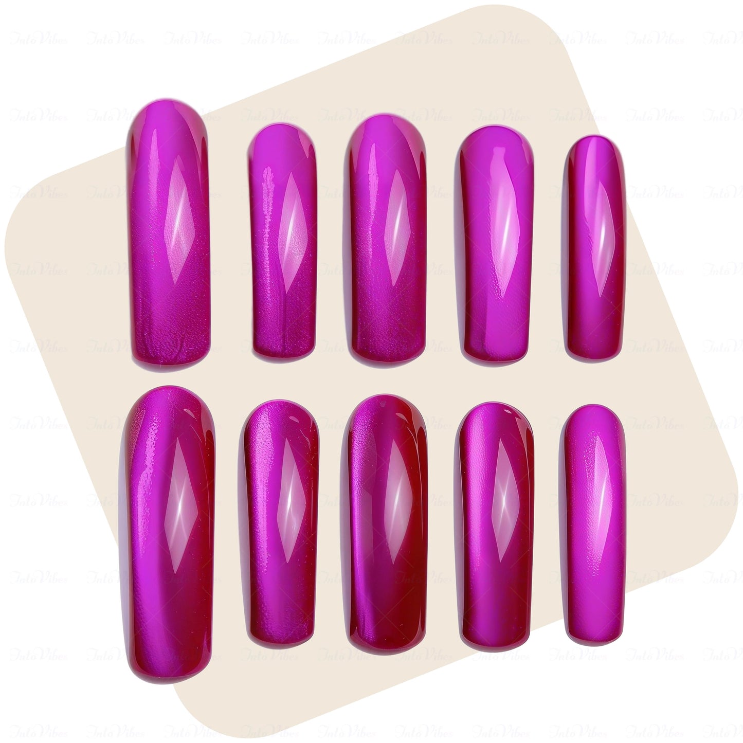 Magenta Glow-Fuchsia Pink Long Downward Curved Press-Ons with Magnetic Cat Eye Gloss Finish