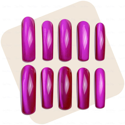 Magenta Glow-Fuchsia Pink Long Downward Curved Press-Ons with Magnetic Cat Eye Gloss Finish