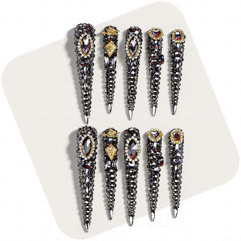 Noir Bling – Gunmetal Black Long Stiletto Press-Ons with Full Rhinestone & Vintage Gold Accents
