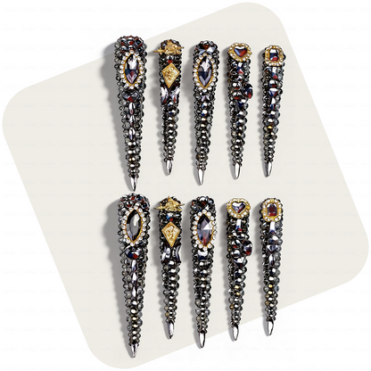 Noir Bling – Gunmetal Black Long Stiletto Press-Ons with Full Rhinestone & Vintage Gold Accents