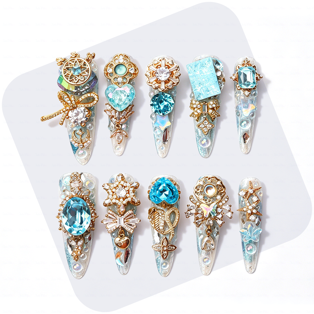 Made-to-Order | Icy Celestial Princess – Iridescent White & Aqua Long Stiletto Press-Ons with Gold Gem Charms