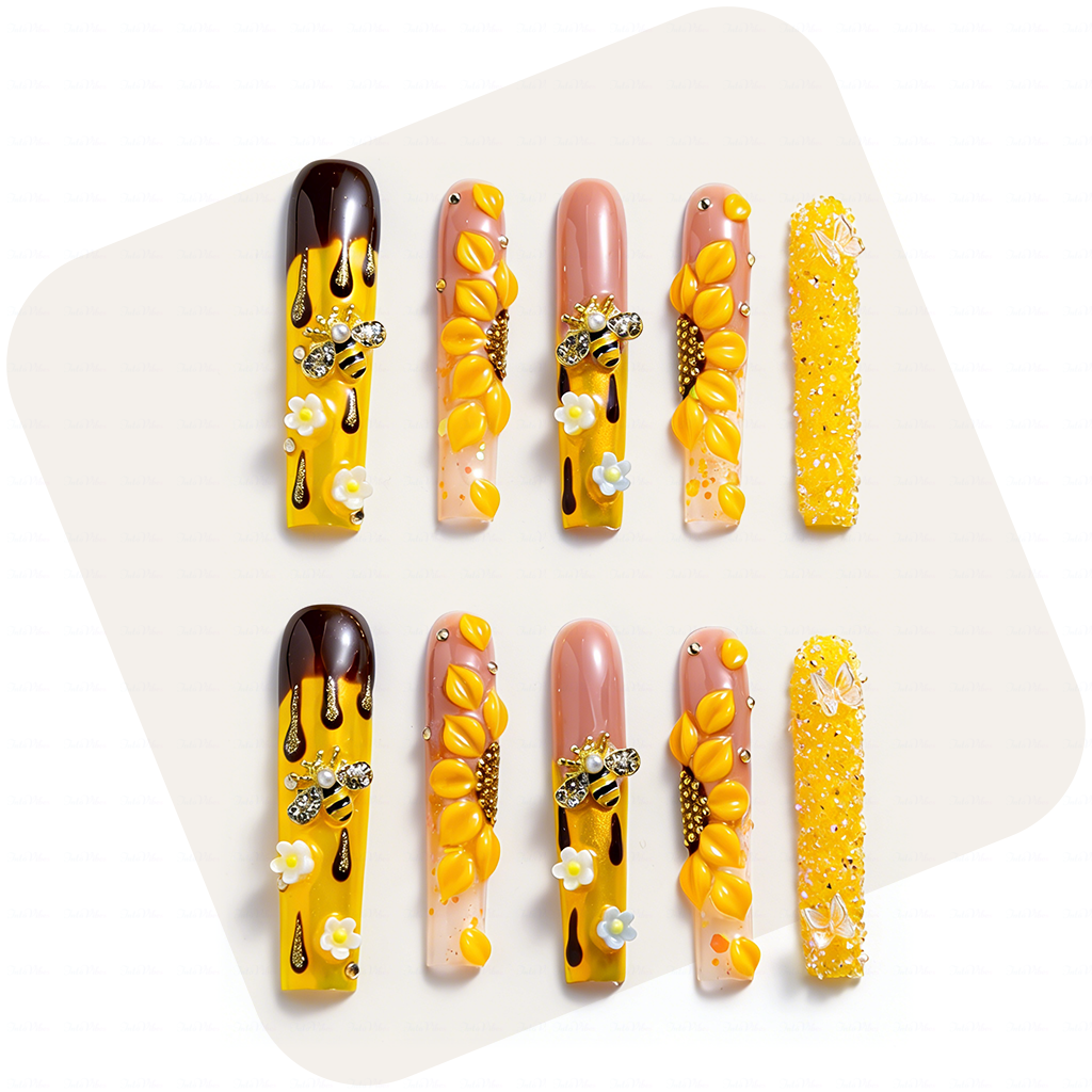 Honey Bee-Bright Yellow Long Square Press-Ons with 3D Bee & Chocolate Drip Accents