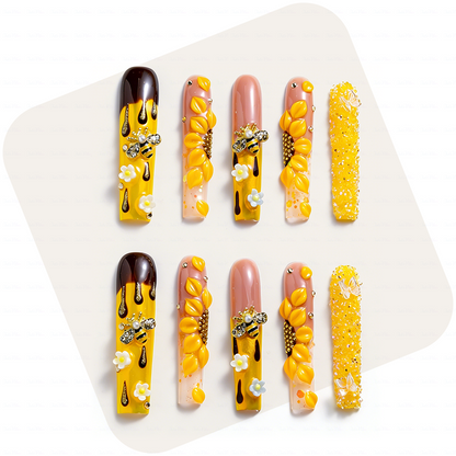 Honey Bee-Bright Yellow Long Square Press-Ons with 3D Bee & Chocolate Drip Accents