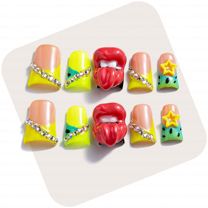 Neon Lip Pop-Neon Yellow Short Duck Press-Ons with 3D Lip & Star Charms