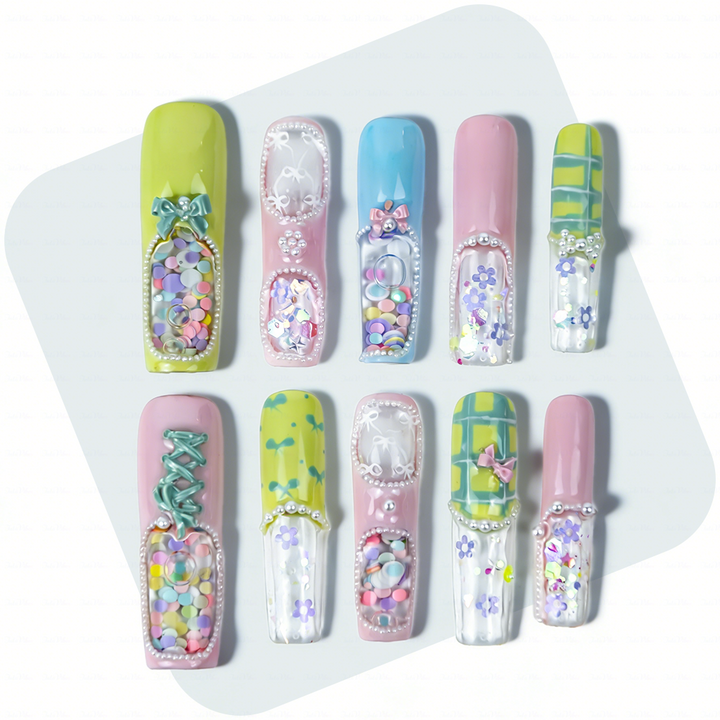 Pastel Quicksand  Multi-Color Long Square Water Press-Ons with 3D Bow & Sequin Accents