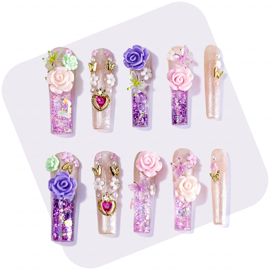 Rose Fairy  Nude & Purple Long Square Water Press-Ons with 3D Rose & Butterfly Charms