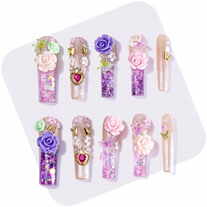 Rose Fairy  Nude & Purple Long Square Water Press-Ons with 3D Rose & Butterfly Charms