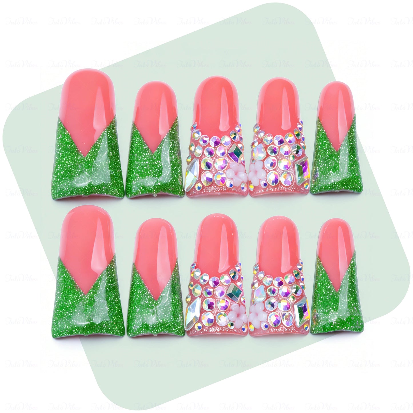 Emerald V French-Nude & Green Long Duck Press-Ons with V-Tip & Iridescent Rhinestone Accents