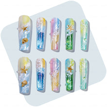 Beach Wave Pastel Rainbow Long Square Water Press-Ons with Hand-Painted Ocean & Starfish Accents