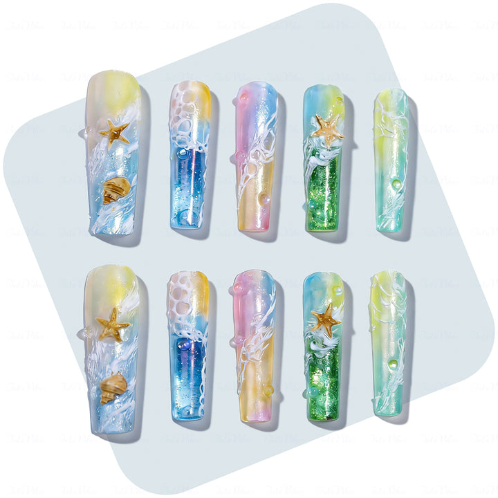Beach Wave Pastel Rainbow Long Square Water Press-Ons with Hand-Painted Ocean & Starfish Accents
