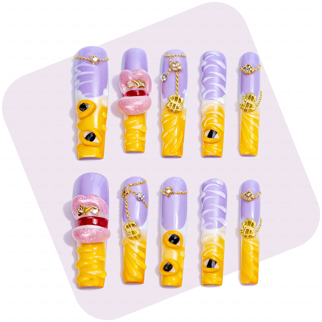Sunset Swirl – Lavender & Mango Long Square Press-Ons with 3D Lip & Chain Charms