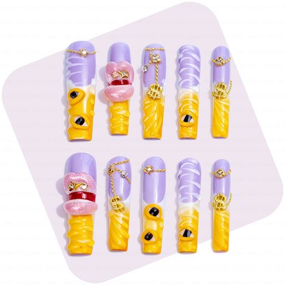 Sunset Swirl – Lavender & Mango Long Square Press-Ons with 3D Lip & Chain Charms