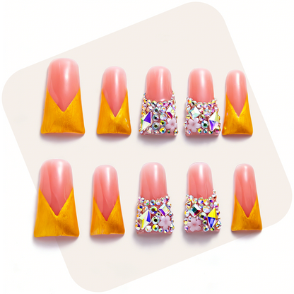 Sunset Blossom – Pink & Gold Long Duck Press-Ons with Crystal & Floral Accents