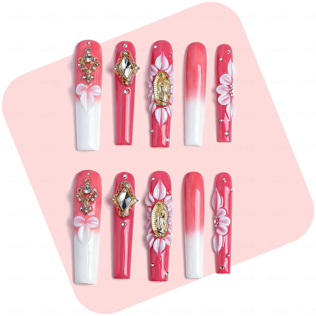 Sacred Floral  Red & White Long Square Press-Ons with Gold Virgin Mary & Flower Charms