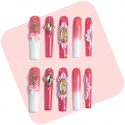 Sacred Floral  Red & White Long Square Press-Ons with Gold Virgin Mary & Flower Charms